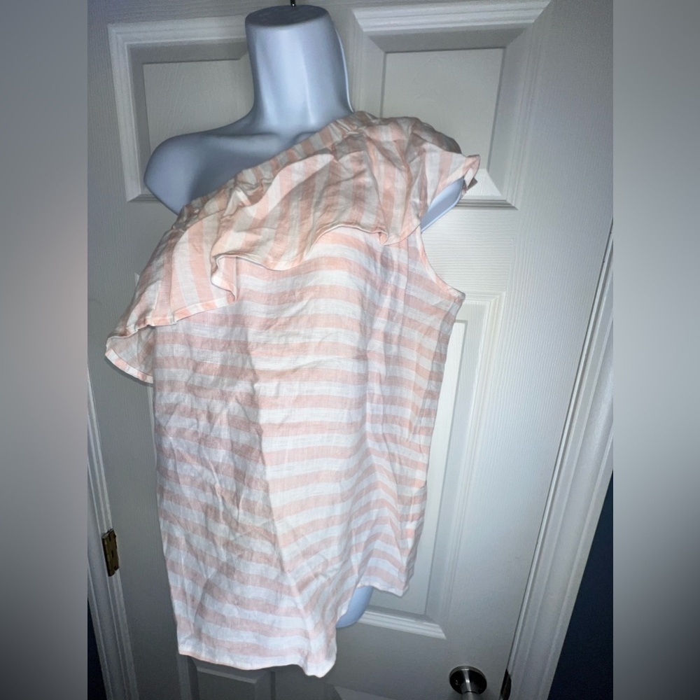 NWT Vince Camuto Womens X Small Linen Pink Stripe Adair One Shoulder Top XS - Picture 9 of 11